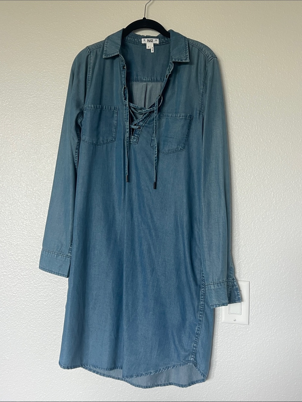 PAIGE Washed Blue Lace-Up Chambray Long Sleeve Dress